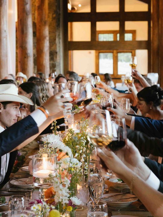 Wedding guests clinking glasses during a heartfelt speech in a mountain lodge.