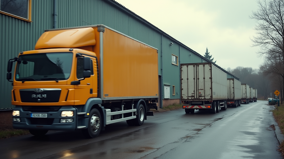 Close-up view of a delivery truck parked outside a small industry