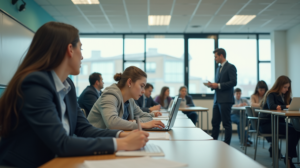 Eye-level view of a modern classroom with students engaged in learning