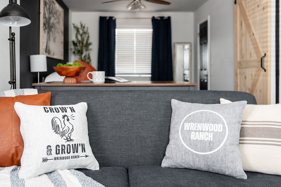 Interior of on-site cottage with cozy touches for your romantic getaway in the Hill Country
