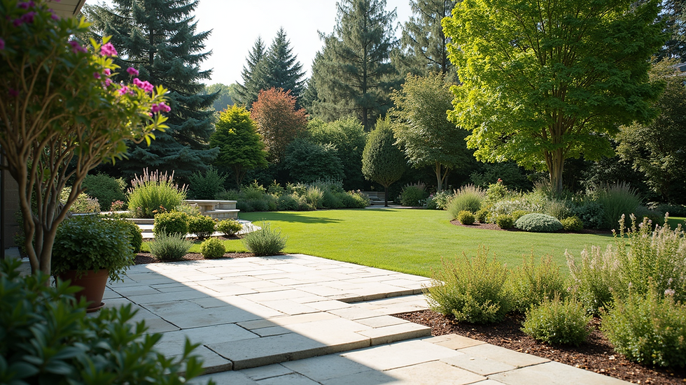 Wide angle view of a newly landscaped garden with a stone patio and flower beds