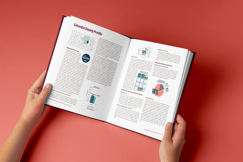 Mental Health Data Report book mockup open to Columbia County Profile showcasing layout and infographic design