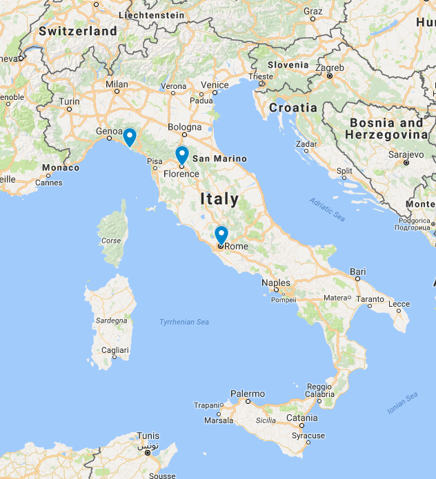 Italy map with Rome, Florence and Cinque Terre shown