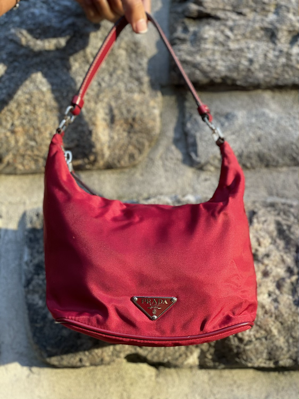 Thumbnail: Deep Red Prada Nylon Purse w/ Leather Strap 