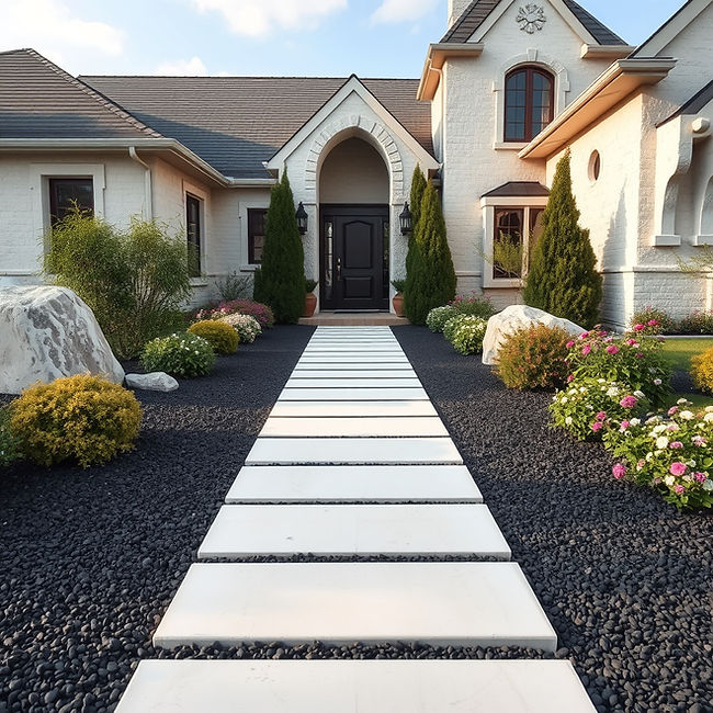 Rectangular white concrete pathway leading up to the front door of a beautiful house with