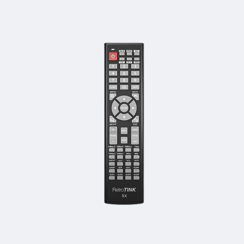 Black RetroTINK 5X remote control with buttons for power, menu, back, about, input, output, and more