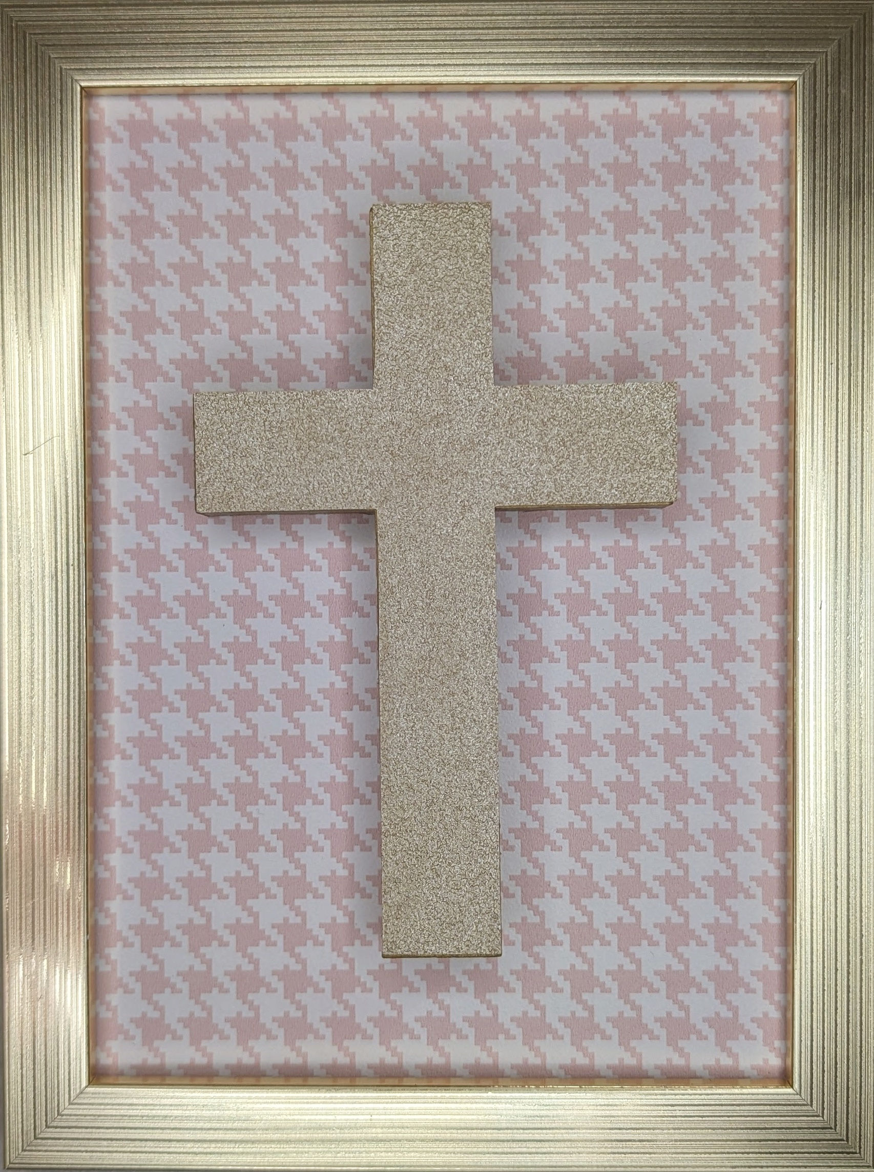 Croix encadrée petit format - Pied-de-poule rose