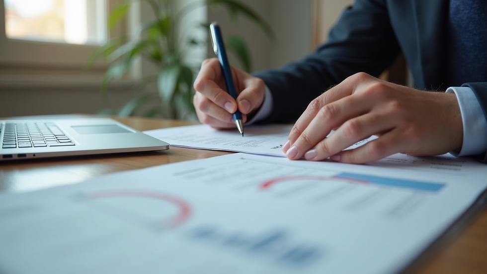 Close-up view of a person reviewing documents and notes at a desk