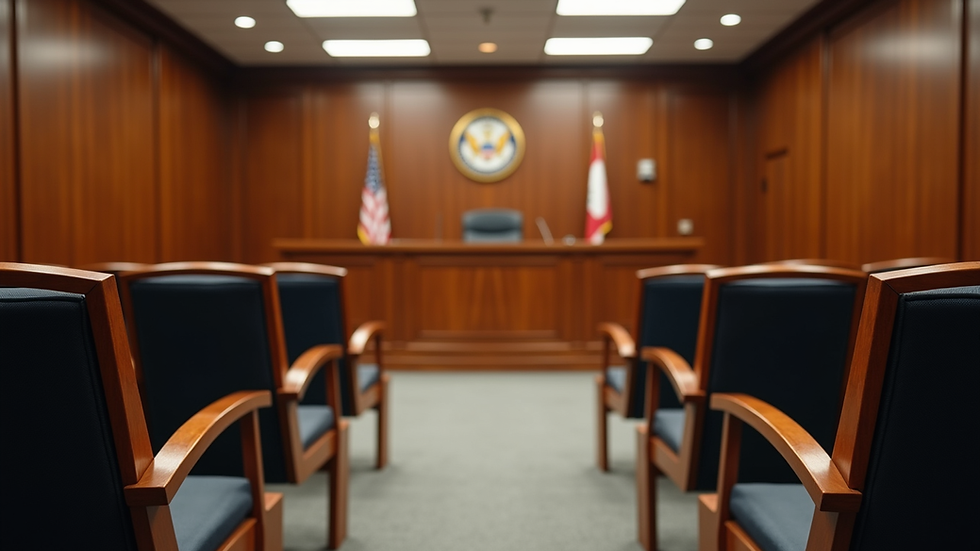 Eye-level view of a tribunal hearing room with empty chairs and a judge's bench