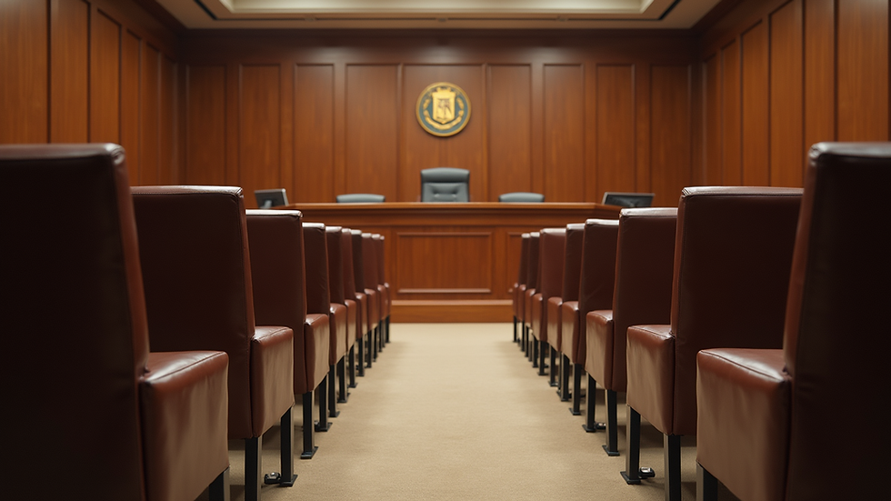 Eye-level view of a tribunal hearing room with empty chairs and a judge's bench