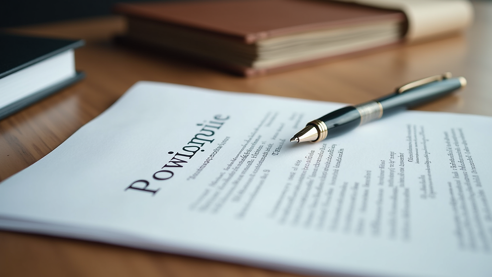 Close-up view of a legal document and pen on a wooden desk