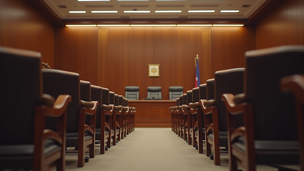 Eye-level view of a tribunal hearing room with empty chairs and a judge's bench