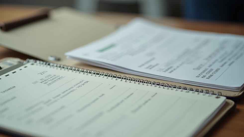 Close-up view of a folder with labelled documents and notes
