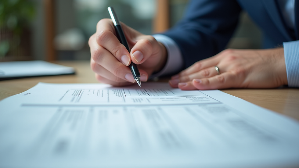 Close-up view of a person reviewing documents with a pen
