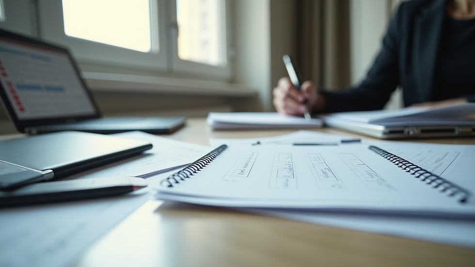 Eye-level view of a desk with organised paperwork and a calendar