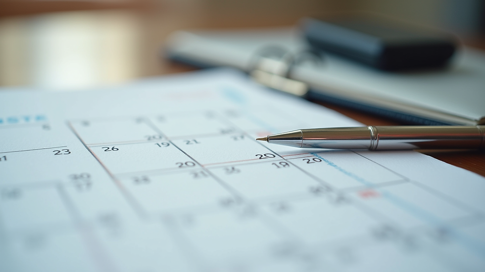 Close-up view of a calendar and a pen next to a legal document