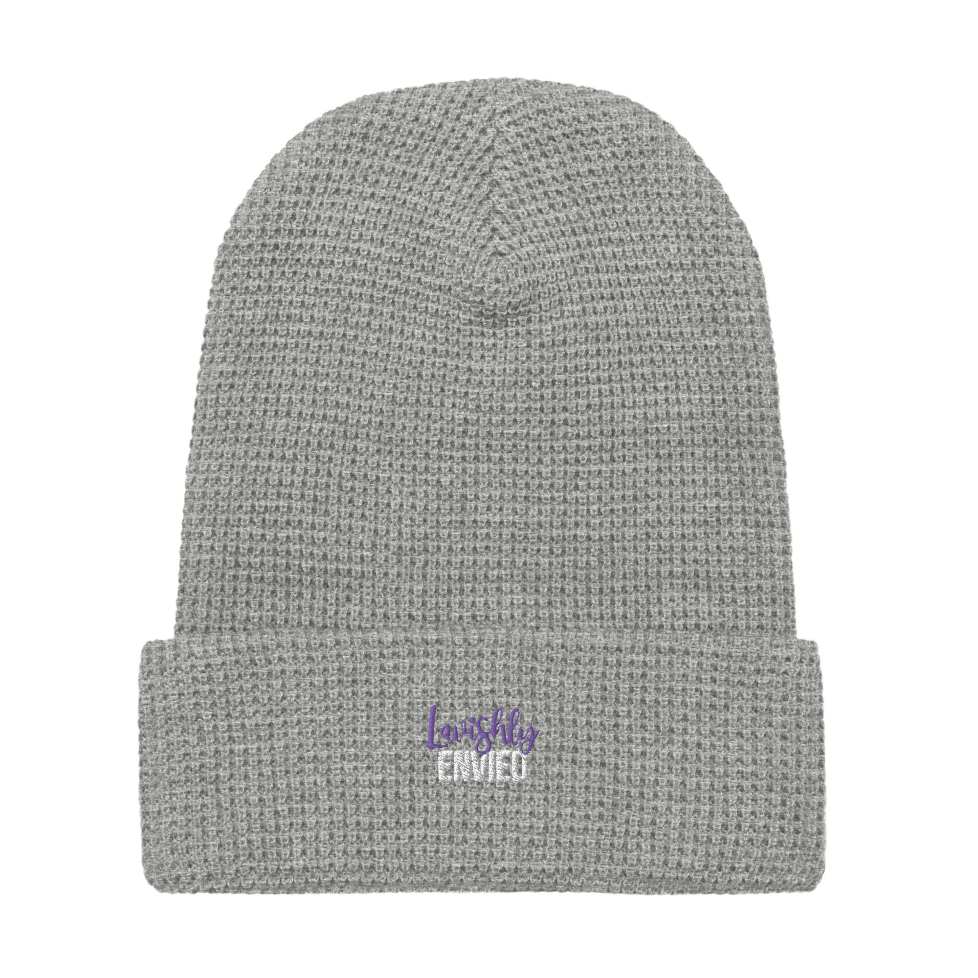 Lavishly Envied purple font on graY beanie