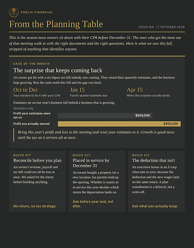 Phelix Financial October 2026 newsletter, page one: case of the month and three quick hits for business owners