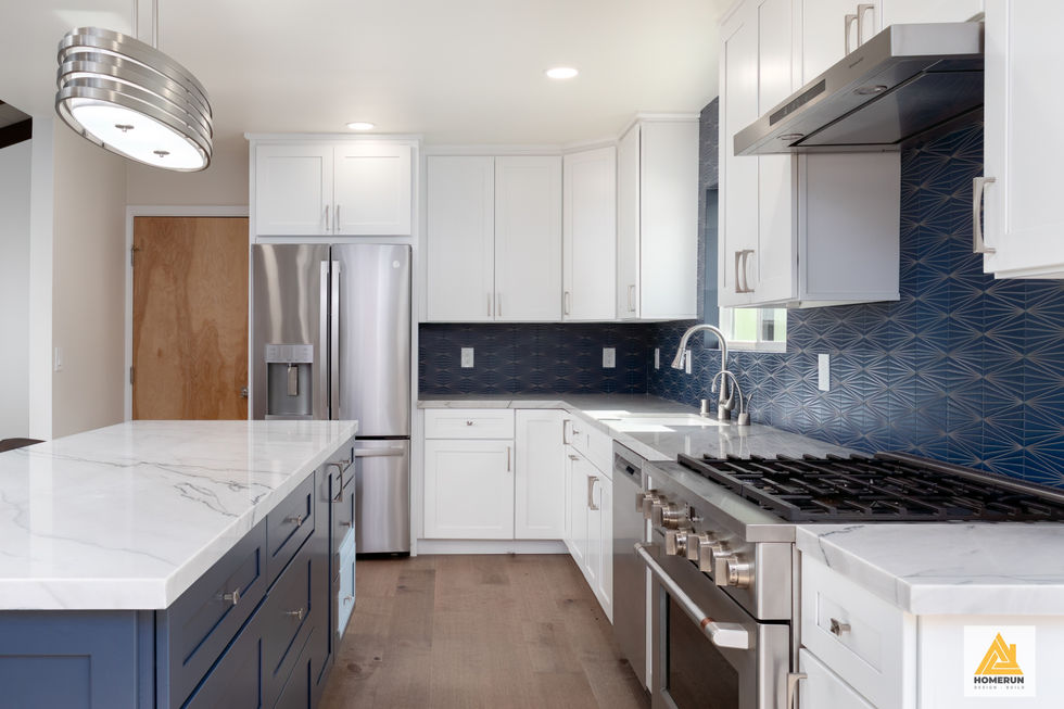 Kitchen Remodel Navy Blue and White Shaker cabinets
