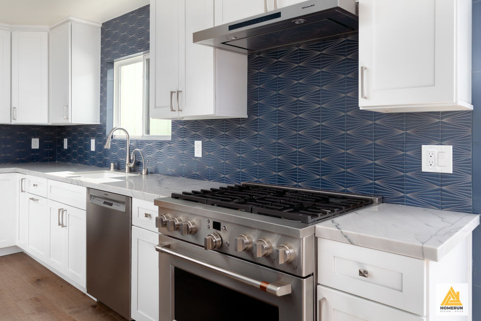 Kitchen remodel blue backsplash