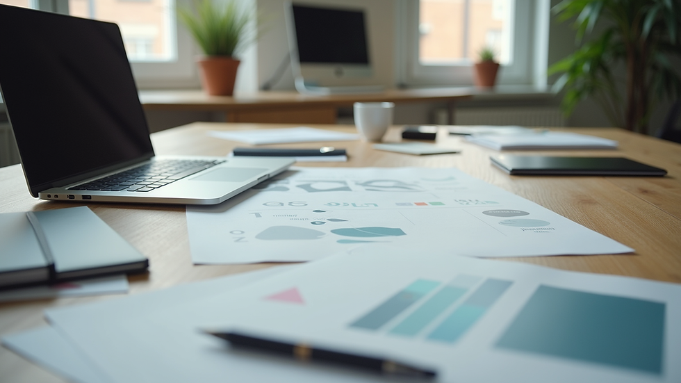 Eye-level view of a modern workspace with branding materials spread out