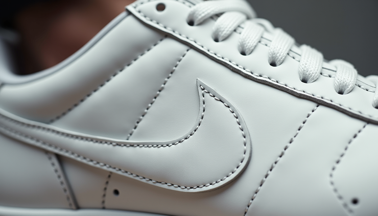 Close-up view of the Nike swoosh logo on a sneaker