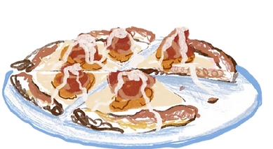 Illustrations with 3 kinds of pizza, 2 on plates, on on a wooden board