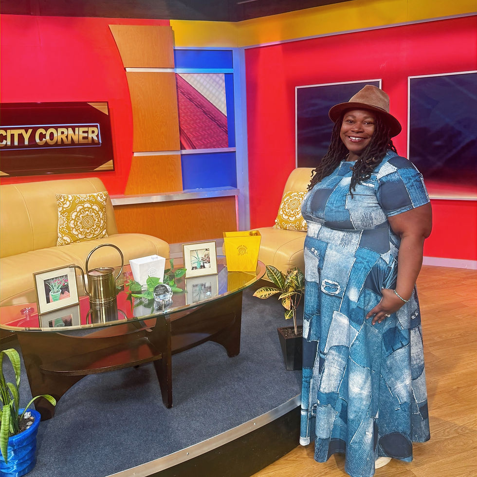 Kay as the founder of posie pots standing at the city corner's shooting scene introducing best self watering planter