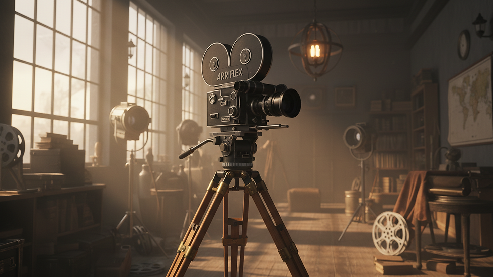 Eye-level view of a vintage film camera on a tripod in a studio