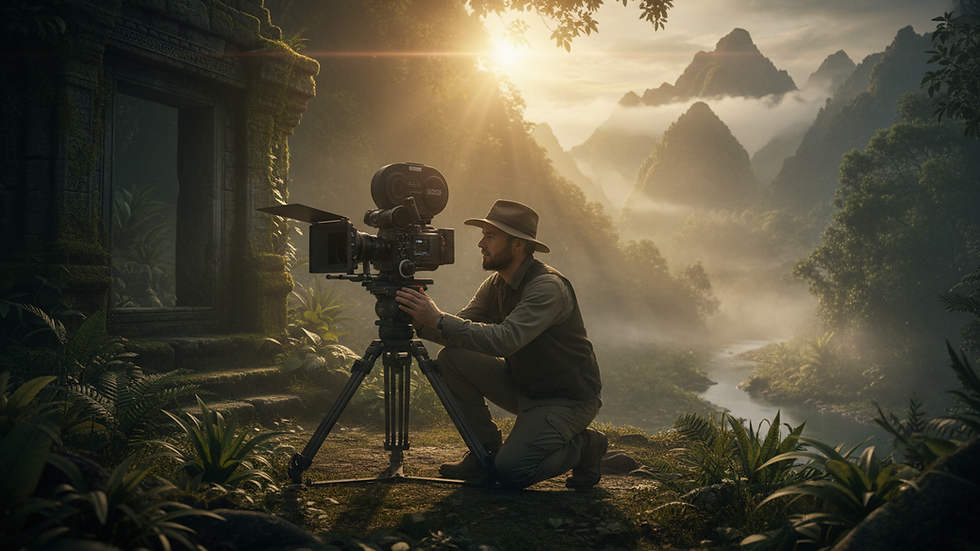 Eye-level view of a filmmaker setting up a camera on a tripod