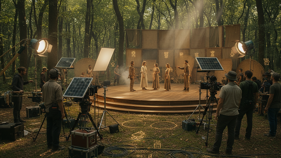 Eye-level view of a film set with eco-friendly equipment and crew working