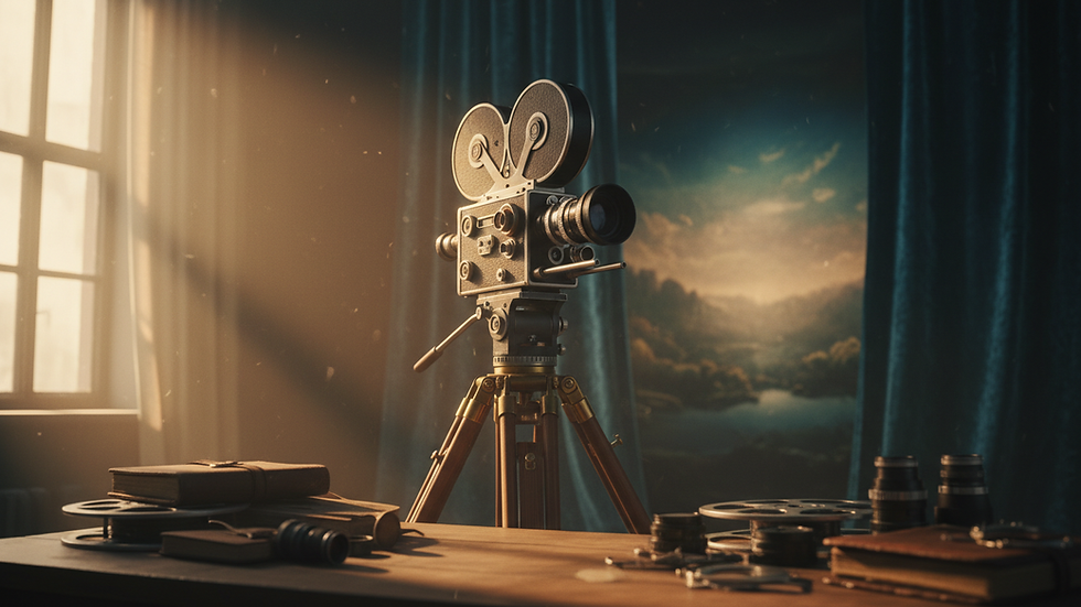 Eye-level view of a vintage film camera on a tripod in a dimly lit studio