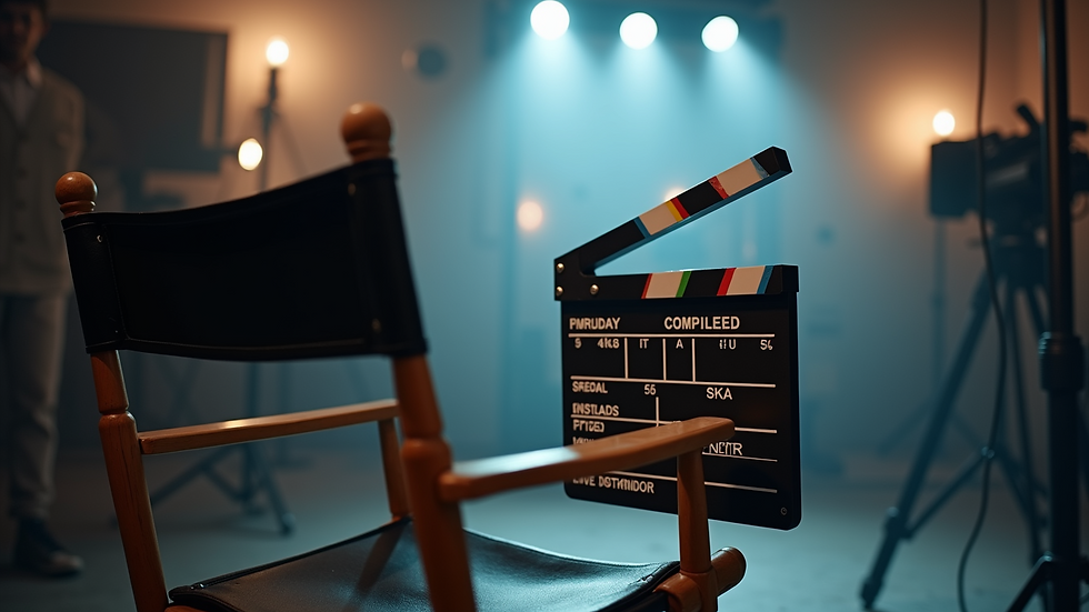 Close-up view of a director’s chair and clapperboard on a film set