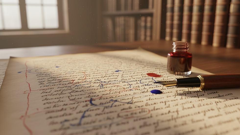 Close-up view of a script with handwritten notes and a pen
