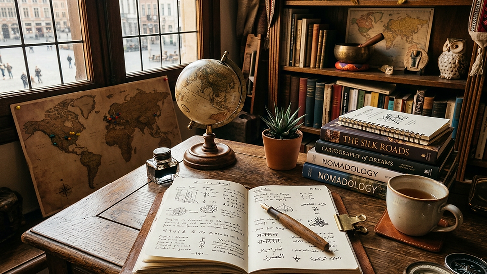 Eye-level view of a creative workspace with a notebook and pen