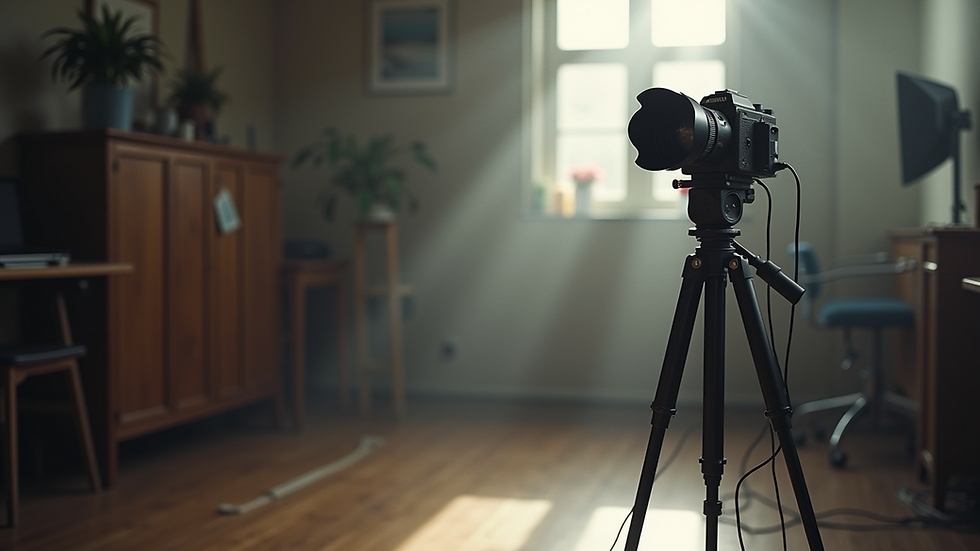 Eye-level view of a vintage film camera on a tripod in a studio