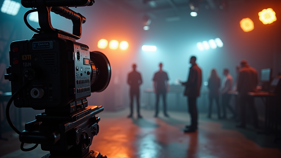 Eye-level view of a film set with camera and lighting equipment