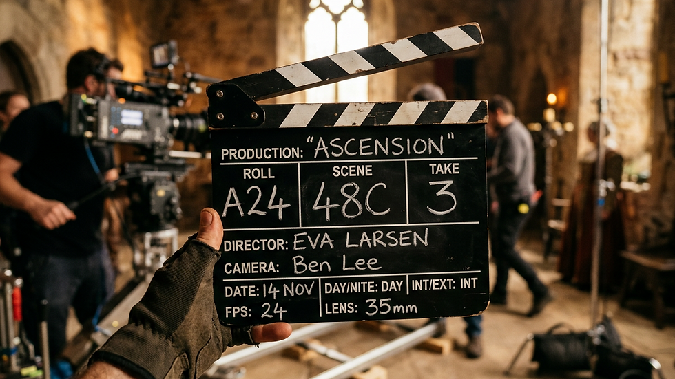 Close-up view of a clapperboard on a film set with a blurred background