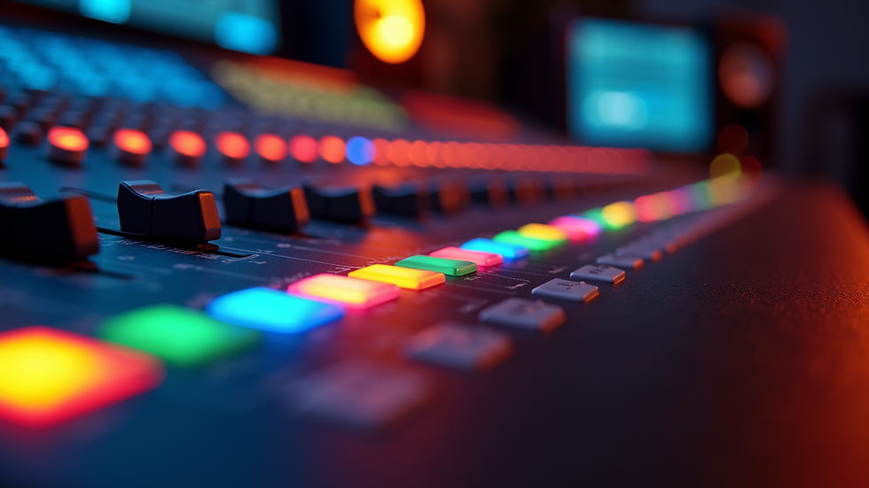 Close-up view of a professional audio mastering console with colorful lights