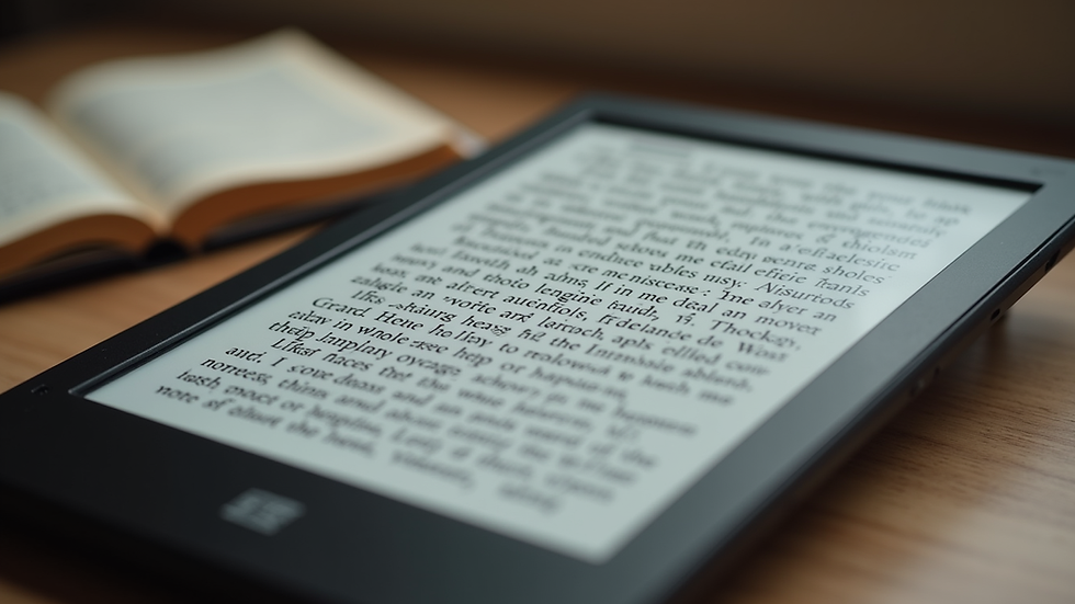 Close-up view of an e-reader displaying a literary ebook