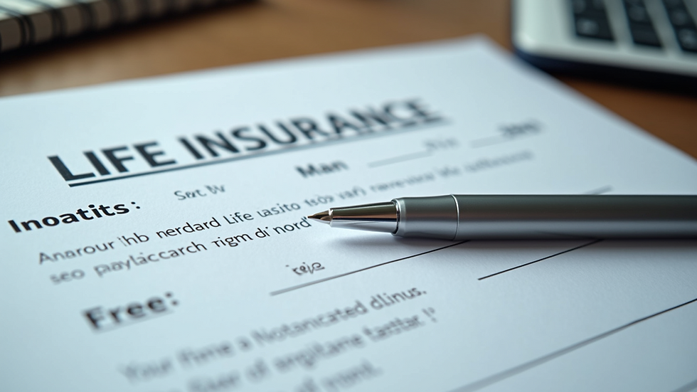 Eye-level view of a desk with life insurance documents and a pen