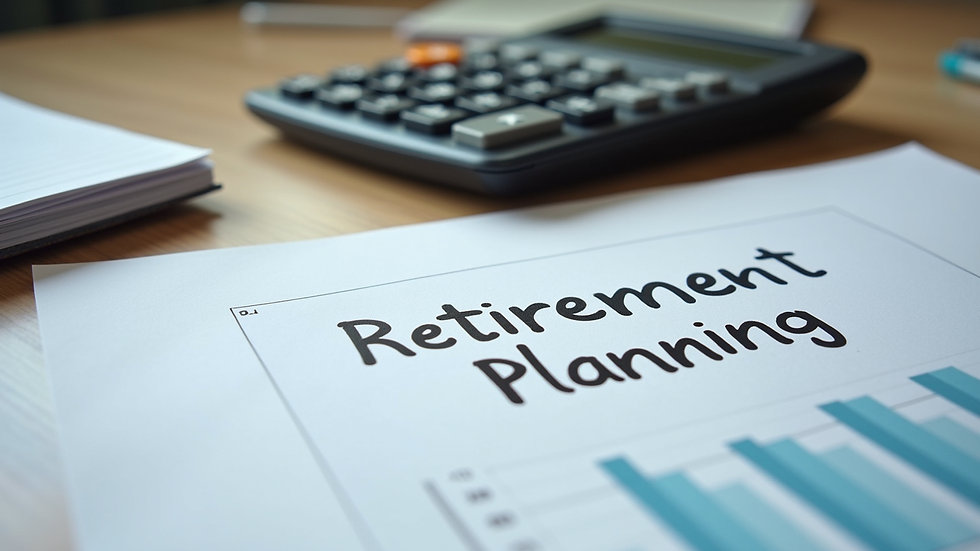 Eye-level view of a desk with a calculator, notebook, and retirement planning documents
