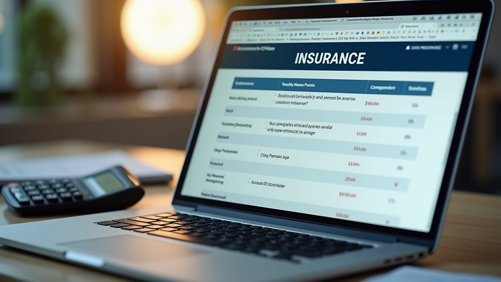 Close-up of a laptop screen showing insurance options and a calculator