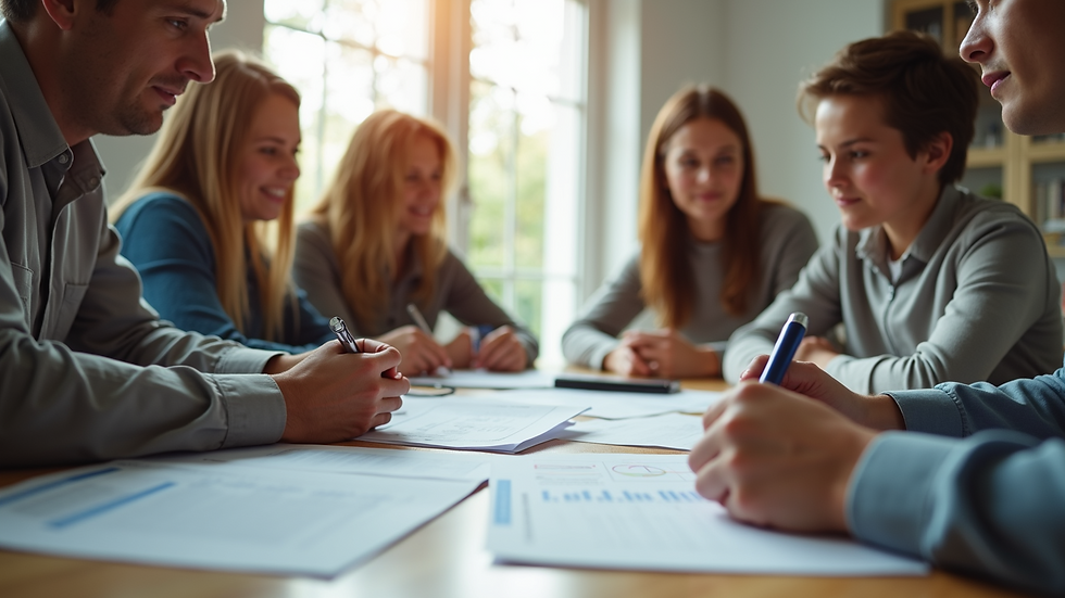 Eye-level view of a family sitting around a table with financial documents