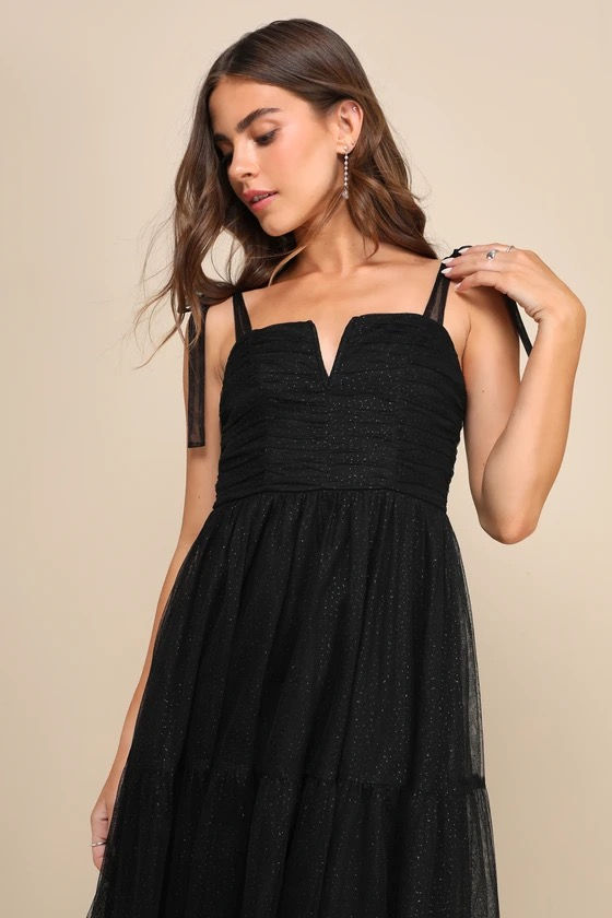 Thumbnail: Lulus - Black Glitter Tulle Tie-Strap Midi Dress | Size: S
