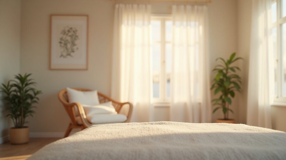 Eye-level view of a calm therapy room with soft lighting