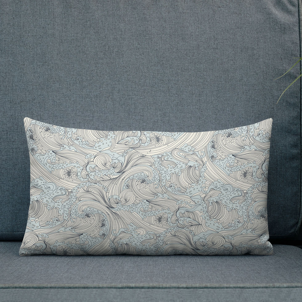 Thumbnail: Meditative Large Light Blue Rolling Calm Ocean Waves on Cream Premium Pillow