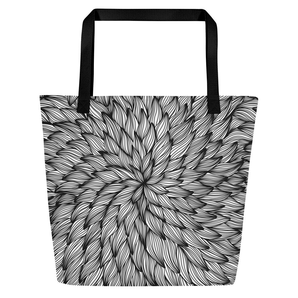 Black and White Non-Directional Fine-Lined Floral All-Over Print Large Tote Bag