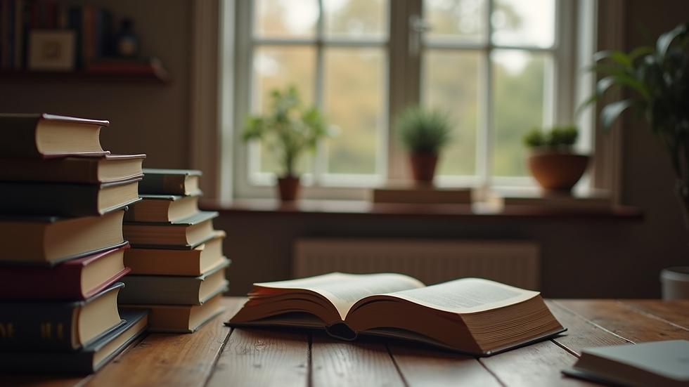 Eye-level view of a cozy reading nook with a stack of books