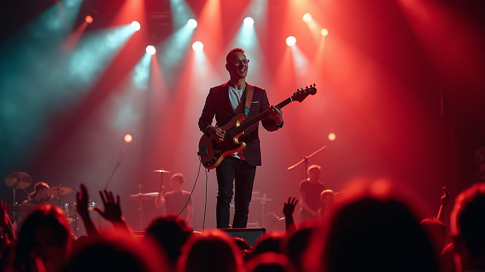 Close-up view of Thiago Lima performing on stage with a vibrant crowd